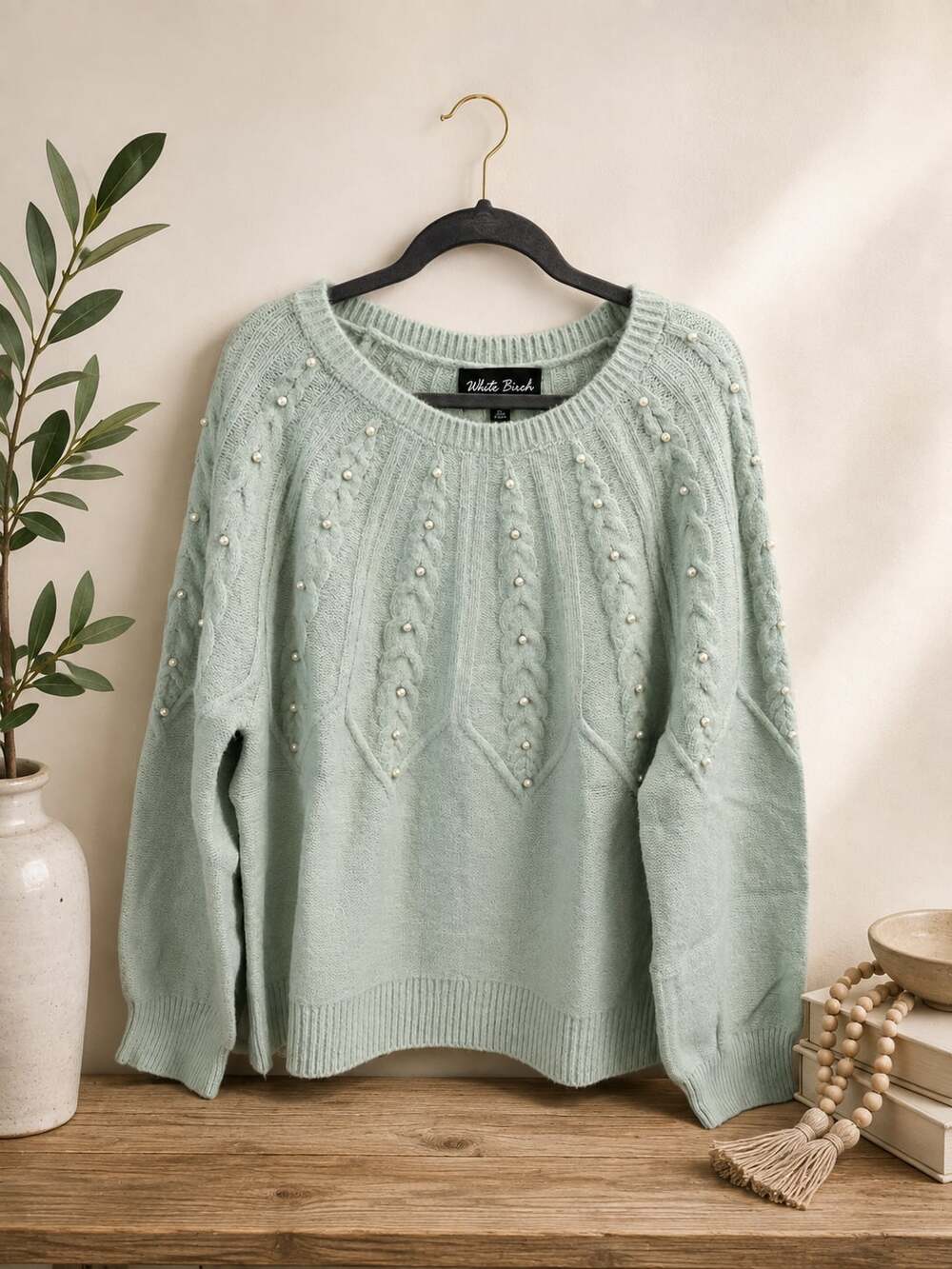 NWOT White Birch Sage Green Cable Knit Sweater w Pearl Embellishments Sz XL